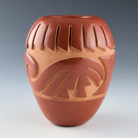 Alternative view of Vigil, Ethel - Carved Jar with 24 Feathers and Avanyu