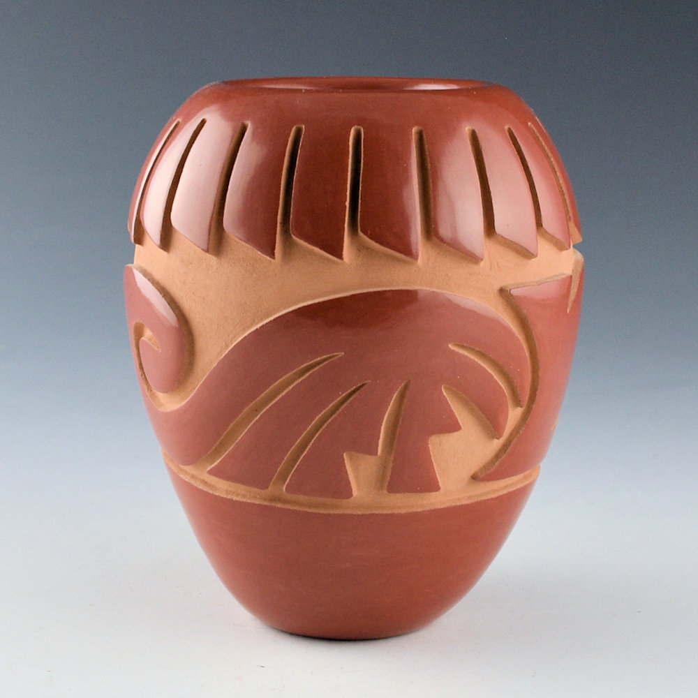 Vigil, Ethel - Carved Jar with 24 Feathers and Avanyu - Image 2
