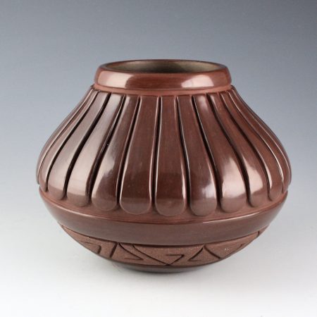 Tafoya-Sanchez, Linda - Plum-Colored Jar with 27 Feathers and San Juan Carved Band