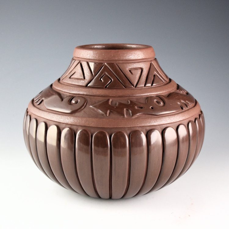 Tafoya-Sanchez, Linda - Plum-Colored Jar with Two Avanyu and 36 Feathers