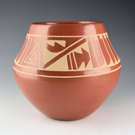 Appleleaf, Martha Fender - Red Jar with Feathers and Rain Designs (1990s)