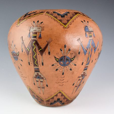 Alternative view of Chilly-Yazzie, Nancy Ann - 8" Tall Jar with Six Yei Figures, Sun and Moon Designs