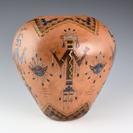 Chilly-Yazzie, Nancy Ann - 8" Tall Jar with Six Yei Figures, Sun and Moon Designs