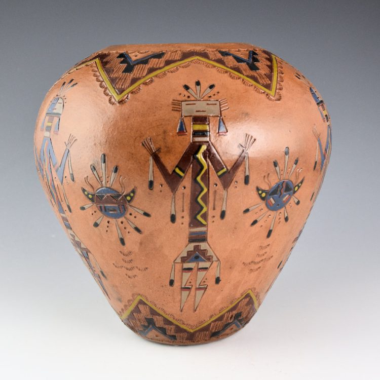 Chilly-Yazzie, Nancy Ann - 8" Tall Jar with Six Yei Figures, Sun and Moon Designs