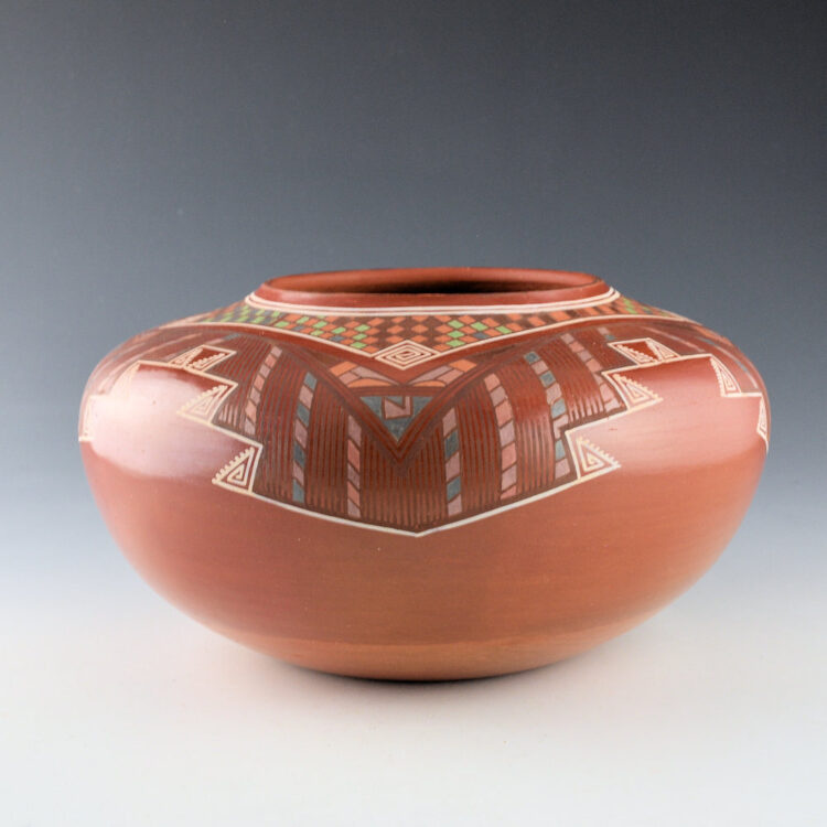 Begaye, Nathan - Polychrome Jar with Rain Clouds, Mesas and Checkerboard Neck (1992)