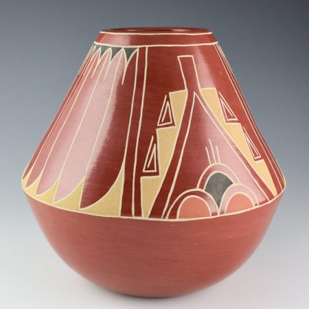 Tapia, Ramona - 7" Tall Polychrome Jar with Feather and Cloud Designs (1960s)