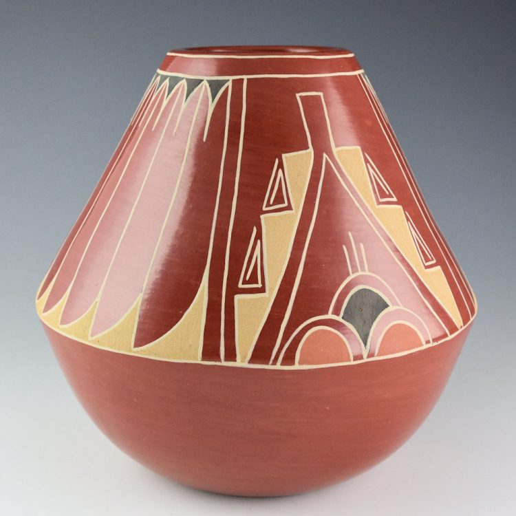 Tapia, Ramona - 7" Tall Polychrome Jar with Feather and Cloud Designs (1960s)