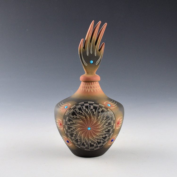 Suazo, Ron - Black and Sienna Jar with Stones and Bear Lid (1990s)
