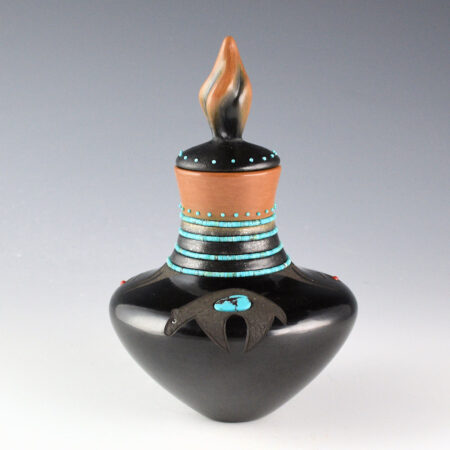 Sanchez, Russell  - Black and Sienna Water Jar with Bear, Bear Paws, Flame Lid and 52 Stones