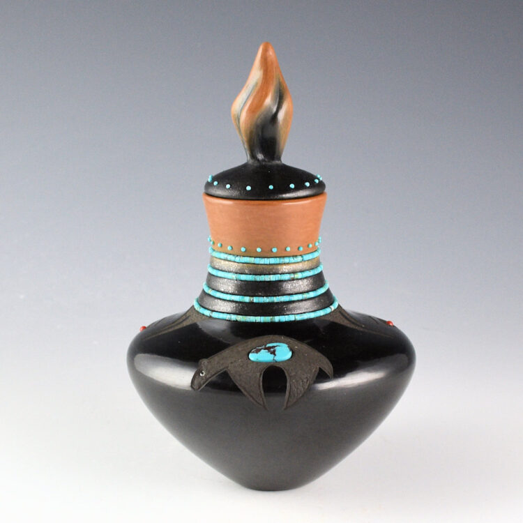 Sanchez, Russell  - Black and Sienna Water Jar with Bear, Bear Paws, Flame Lid and 52 Stones