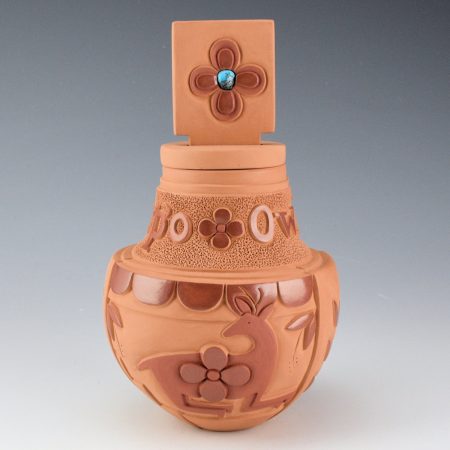 Garcia, Tammy -"Singing Water, Wild Roses" Lidded Jar with Deer and Flowers
