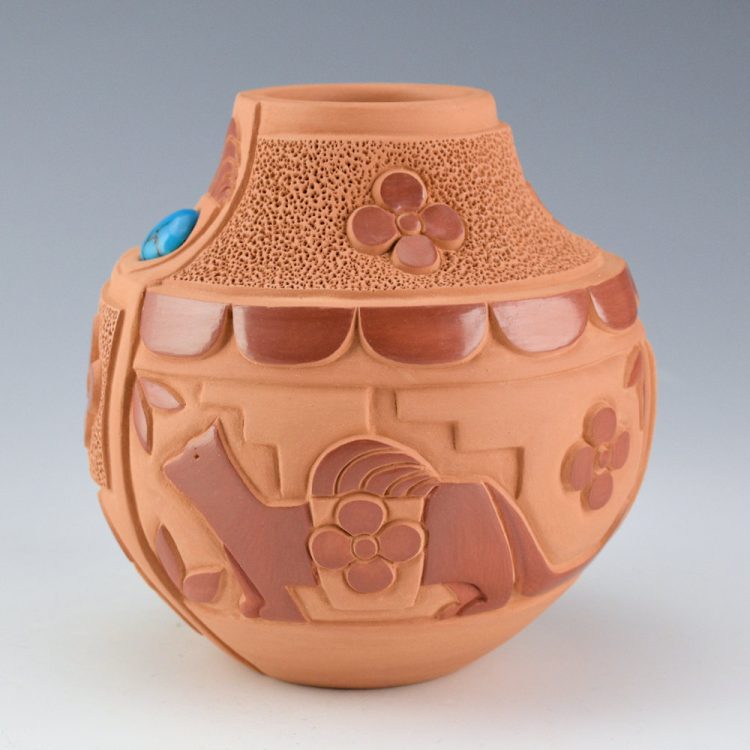 Garcia, Tammy - "Turquoise Tracks" Mountain Lion Jar with Turquoise Inset Tracks