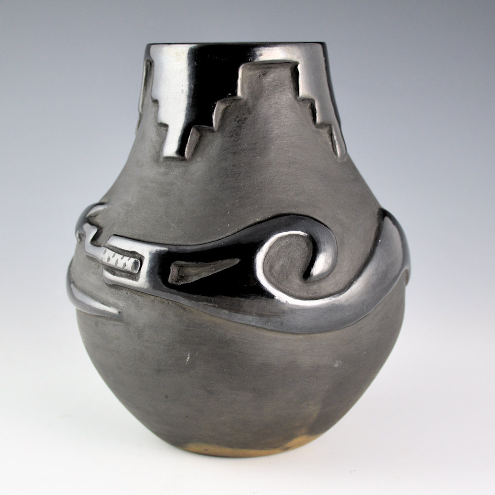 Pena, Juanita - Black Carved Jar with Avanyu and Clouds (1930's)