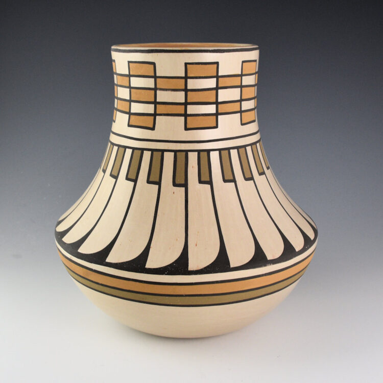 Blue Corn - 10" Tall Polychrome Water Jar with 24 Feathers (1970s)