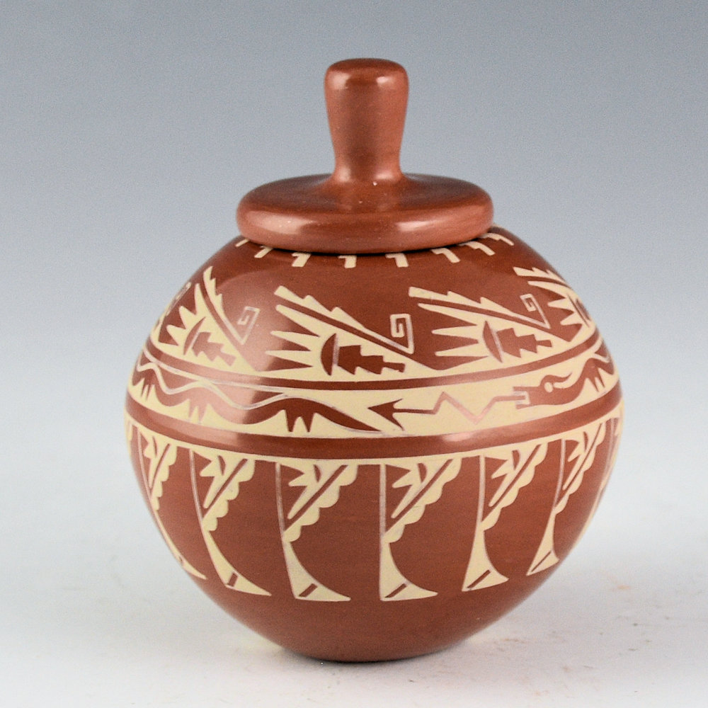 Curran, Dolores - Painted Bowl with Avanyu, Clouds, and Lid