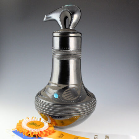 Sanchez, Russell  - 15" Tall Gunmetal Long Neck Jar with Avanyu, Bear Lid, and 340 Inset Stones, Ribbons