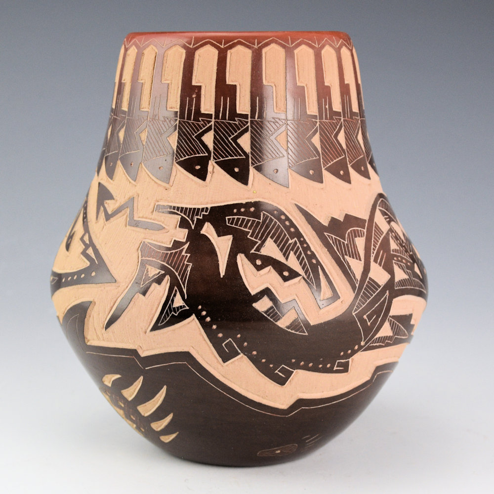 Naranjo, Sammy - Black and Sienna Jar with Avanyu and Feather Designs
