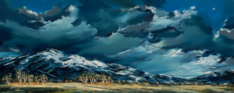 Vargas, Andrea - "Thunder Clouds over Taos Mountain" Oil, 20 x 60
