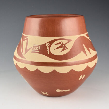 Appleleaf, Martha Fender - Red Jar with Avanyu and Clouds (1990s)