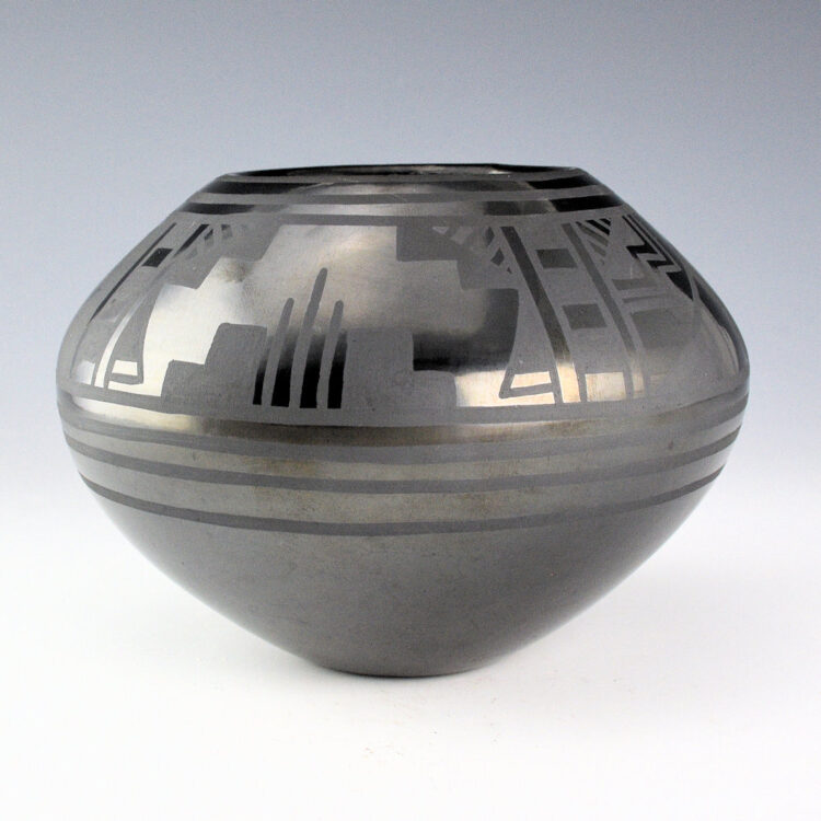 Blue Corn - Gunmetal Fired Bowl with Snow and Rain Designs (1970s)