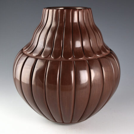Alternative view of Tafoya-Sanchez, Linda - 9" Tall Plum ColoredDouble Shoulder Jar with 48 Carved Feathers