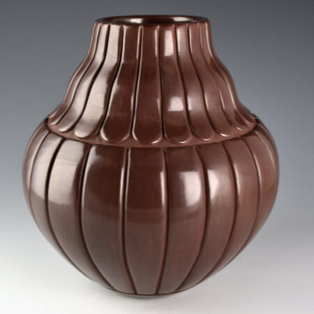 Tafoya-Sanchez, Linda - 9" Tall Plum ColoredDouble Shoulder Jar with 48 Carved Feathers