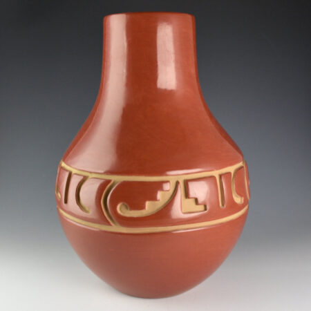 Tafoya, LuAnn - 14" Tall Long Neck Jar with Rain and Kiva Step Designs