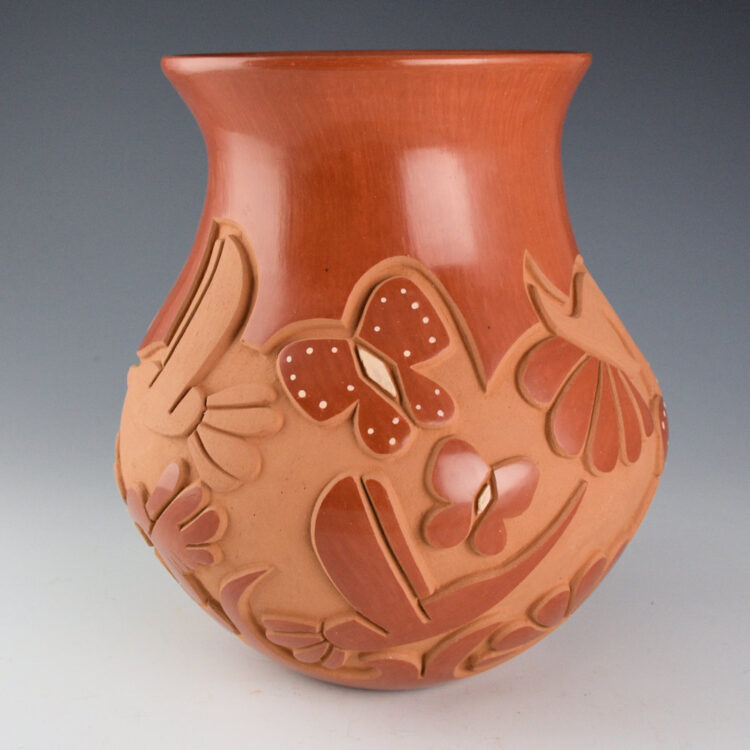 Naranjo, Madeline - 8" Tall "Hummingbirds and Flowers" Red Water Jar