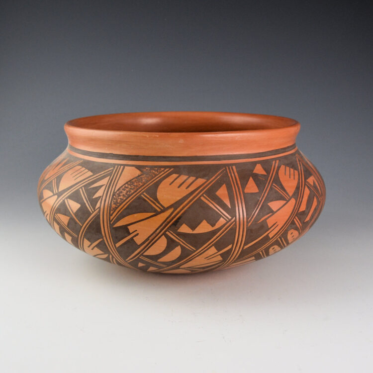Setalla, Pauline - 9" Wide Red Jar with Eight Panels of Rain Designs (1980s)