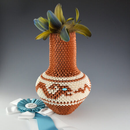 Scott, Rain - Origami Water Jar with Avanyu, Turquoise, and Feather Lid, Ribbon