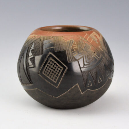 Tafoya, Ray  - Black and Sienna Bowl with Flute Player and Feathers (1981)