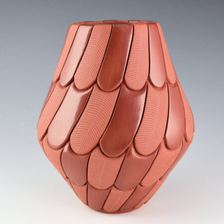 Tafoya, Stephanie - "Woven Wing" Red Water Jar with 64 Feathers