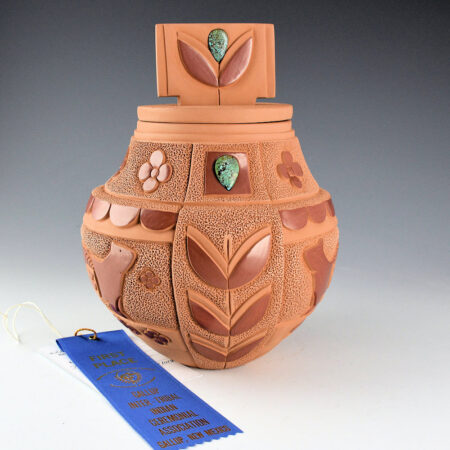 Garcia, Tammy -"Path of Beauty" Lidded Jar with Cougars, Flowers, Ribbon