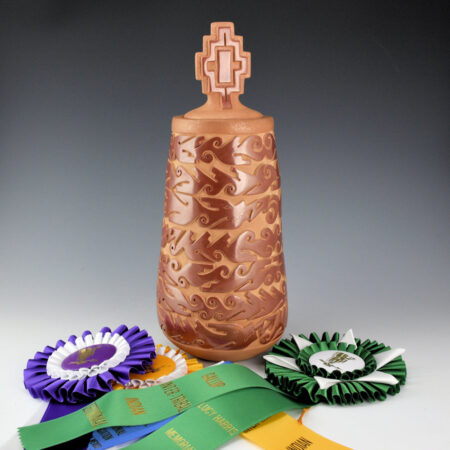 Youngblood, Nancy - 14" Tall Jar with 7 Rows of Avanyu and Star Lid, Ribbons