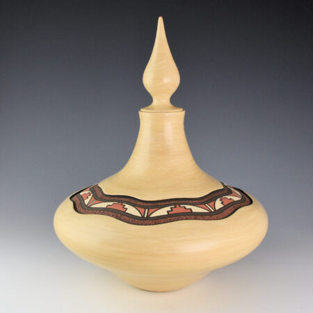 Alternative view of Fragua, BJ - 9" Wide Tan Jar with Polychrome Ribbon Pattern and Lid (1990s)