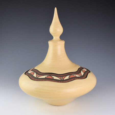 Fragua, BJ - 9" Wide Tan Jar with Polychrome Ribbon Pattern and Lid (1990s)