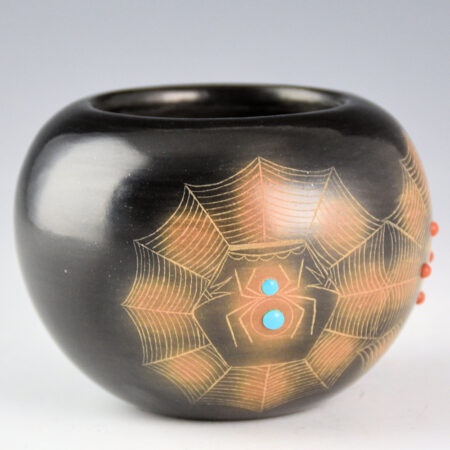 Gonzales, Barbara - Black-and Sienna Bowl with Spiderwebs, Turquoise, and Coral (1980s)