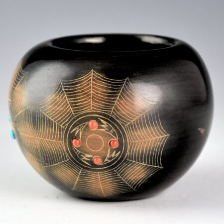 Alternative view of Gonzales, Barbara - Black-and Sienna Bowl with Spiderwebs, Turquoise, and Coral (1980s)