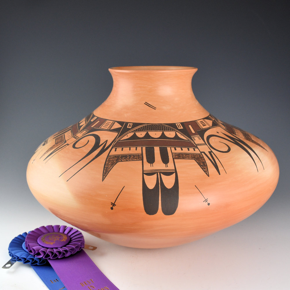 Navasie, Dolly Joe "White Swann" - 13" Wide Jar with Eagle Tails (2003), Ribbons