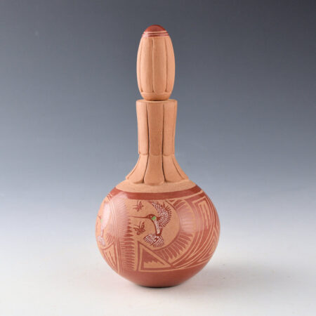 Alternative view of Medicine Flower, Grace - Multi-Color Jar with Hummingbirds, Feathers, and Flower Carved Neck and Lid (1982)
