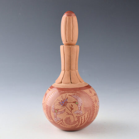 Medicine Flower, Grace - Multi-Color Jar with Hummingbirds, Feathers, and Flower Carved Neck and Lid (1982)