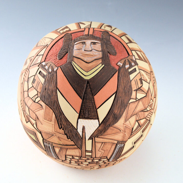 Namoki, Lawrence - Large Seedpot with Hopi Maiden, Hano Katsinas, and Kiva (1990s)