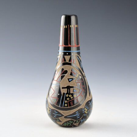 Tafoya, Ray  - Long Neck Jar with Flute Player and Flowers (1992-3)