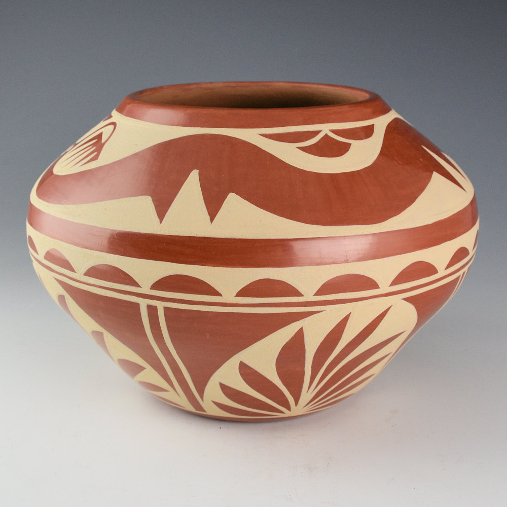 Vigil, Albert & Josephine - Large Red Jar with Avanyu and Flowers (1970s) - Image 4