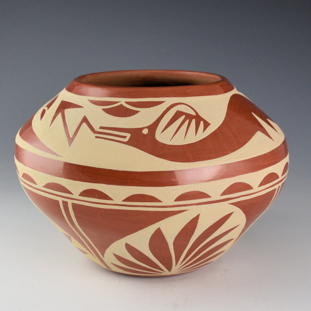 Vigil, Albert & Josephine - Large Red Jar with Avanyu and Flowers (1970s)