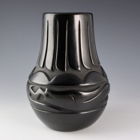 Naranjo, Elizabeth - 9" Tall Water Jar with Carved Avanyu and Feathers (1970s)
