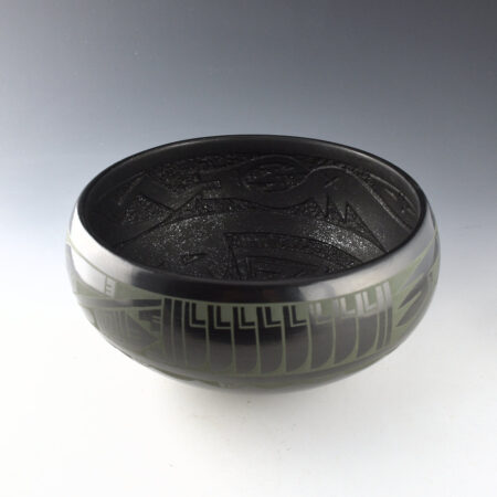 Fender, Erik - Green-on-Black Open Bowl with Feathers, Avanyu, and Dragonfly