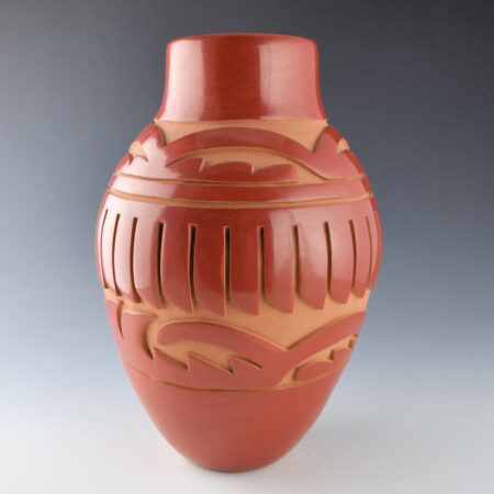 Alternative view of Vigil, Ethel - 10" Tall Jar with Carved Double Avanyu and 28 Feathers (1990s)