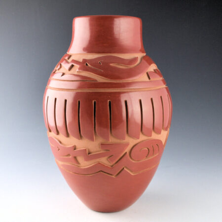 Vigil, Ethel - 10" Tall Jar with Carved Double Avanyu and 28 Feathers (1990s)