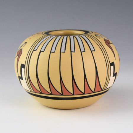 Alternative view of Talachy, Joe & Thelma - Pojoaque Polychrome Bowl with Corn and Feathers (1980s)